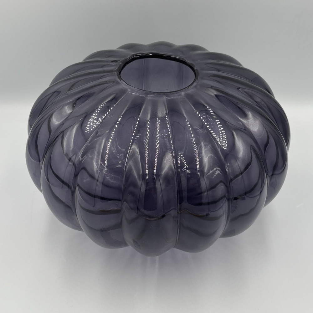 Vintage Purple Glass Ribbed Vase Bowl Pumpkin Shaped
